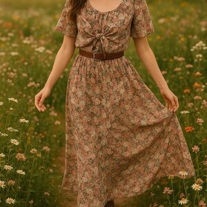 Vtg 70s Floral Maxi Dress Tie Front Sz M/L Boho Cottagecore Prairie Garden Party